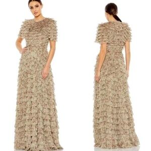 NWT | Mac Duggal 8017 Ecru Multi Floral Tiered A Line Maxi Gown Short Sleeve 8